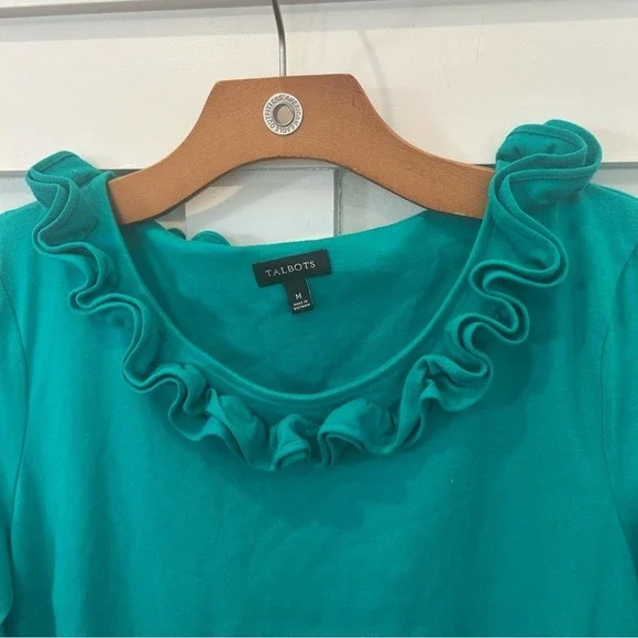 Talbots Dress Turquoise Ruffle Neckline Cotton 3/4 Sleeve Casual Colorful SZ M - Picture 2 of 7